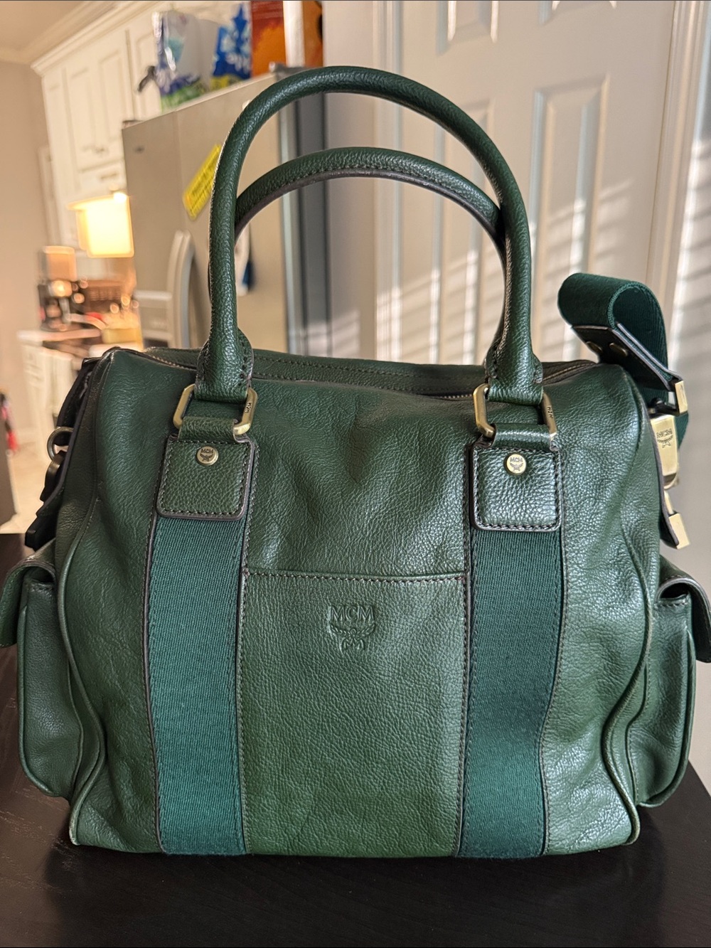 MCM Dark Green Leather Satchel with Removable Canvas Strap - Picture 6 of 16